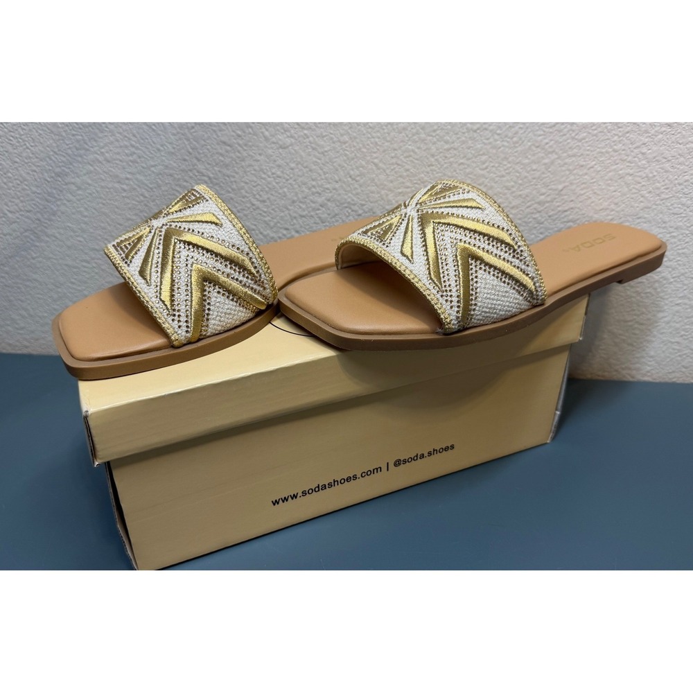 Soda Yakim-S Women's Bronze Beige Rhinestone Square‎ Toe Slide Sandals Size 7